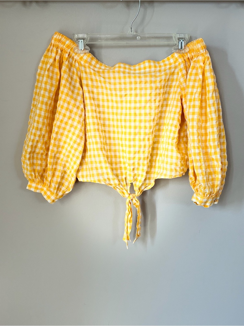 Forever 21 Yellow Gingham Off-Shoulder Tie-Front Crop Top